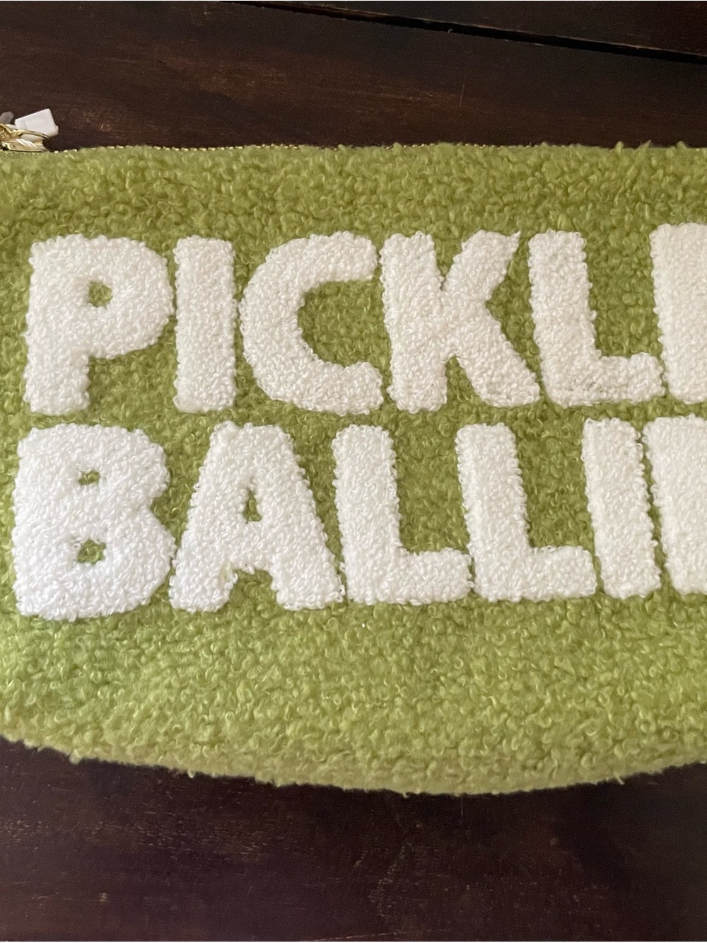 Green 'PICKLEBALLIN' Sherpa/Boucle Zippered Pouch - Green with White Lettering